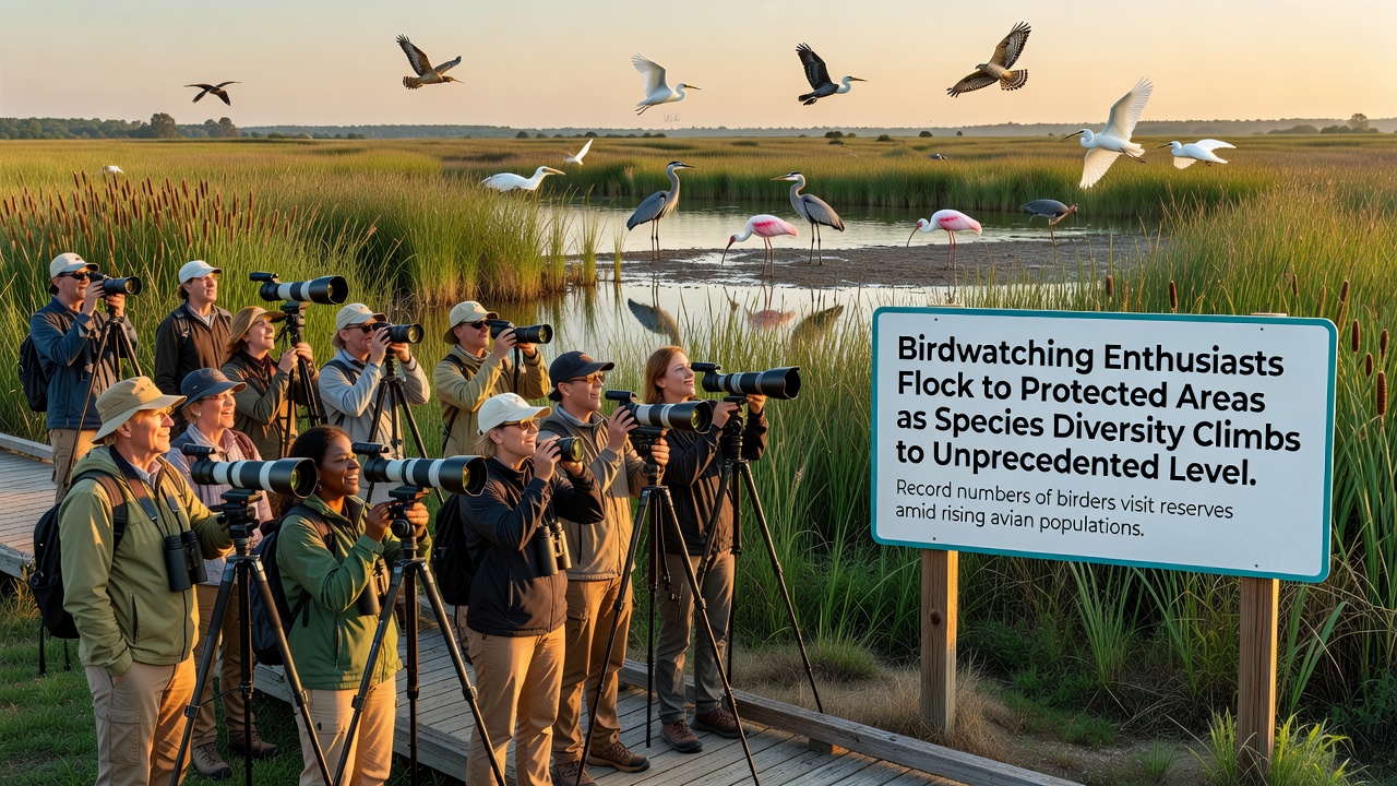 Group of birdwatchers gathered at an observation deck overlooking a protected estuary at dusk