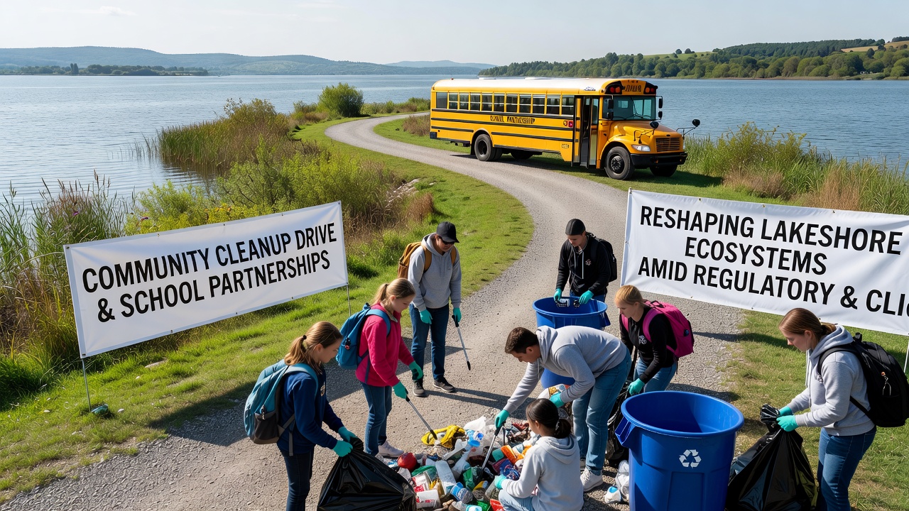 Students working with researchers to sample water and record shoreline vegetation data