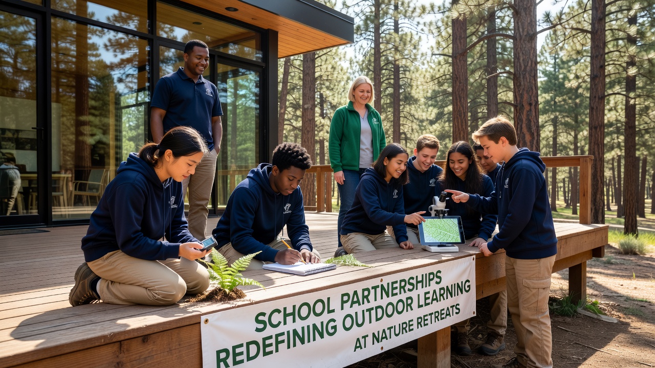 Group of students and teachers collaborating on a nature-based project at a retreat facility during a school partnership initiative